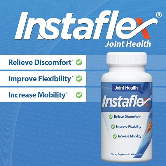 Instaflex Joint Health supplement bottle with product features on a blue background