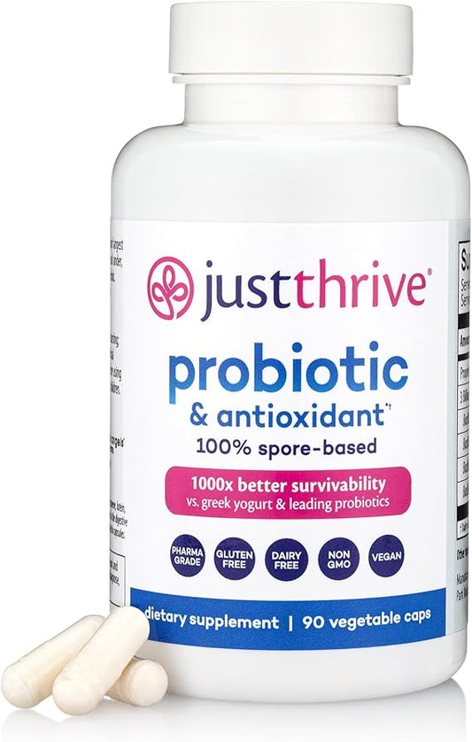 Just Thrive probiotic and antioxidant supplement bottle with capsules on a white background