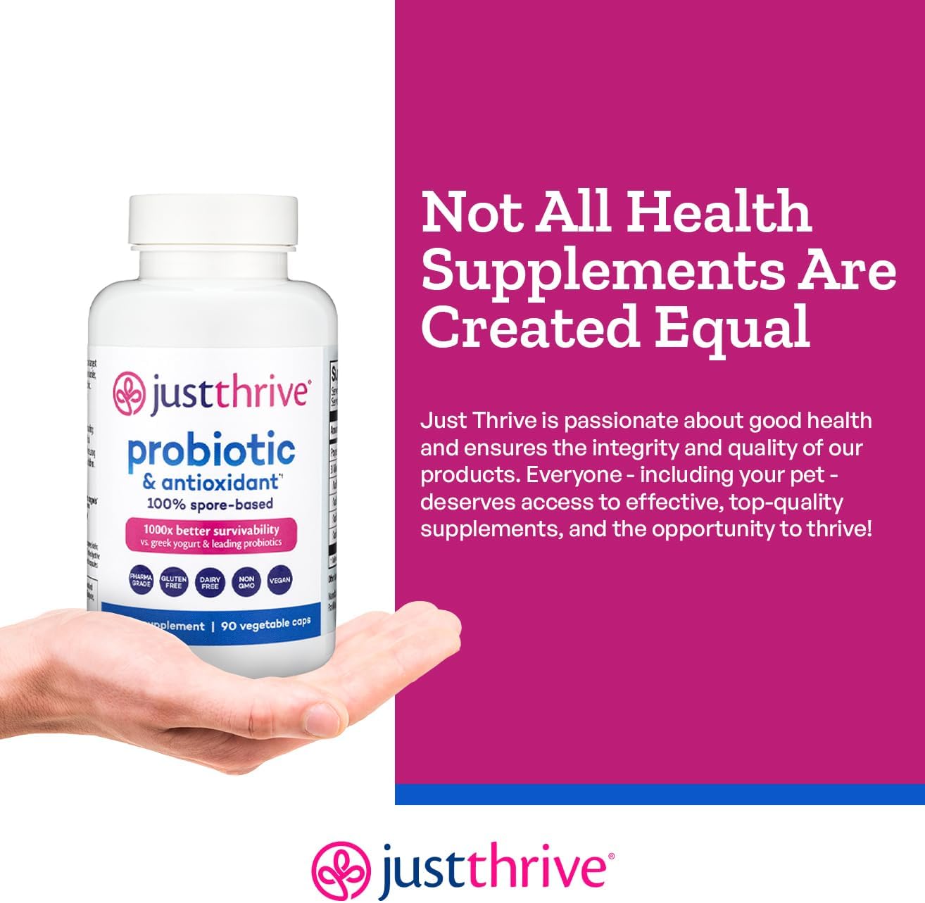 Hand holding a Just Thrive probiotic supplement bottle with promotional text on a pink background.
