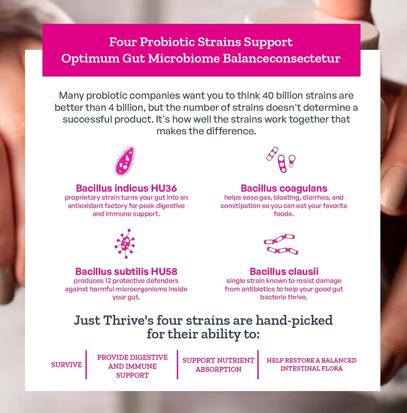Product packaging with text about probiotic strains and their benefits