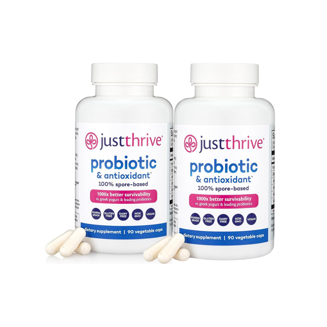 Two bottles of 'just thrive' probiotic and antioxidant supplements on a white background