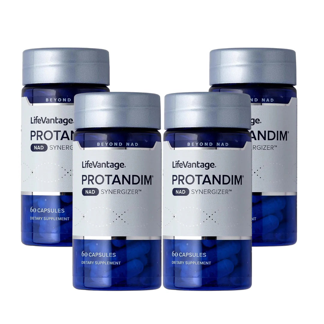 Four bottles of LifeVantage Protandim dietary supplement on a white background