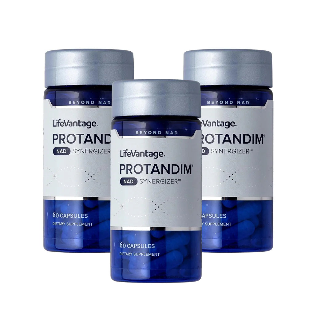 Three bottles of LifeVantage Protandim on a white background