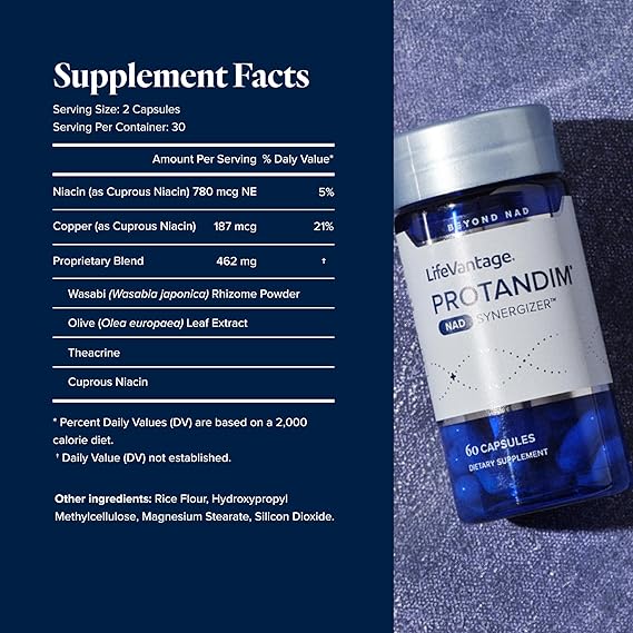 LifeVantage Protandim supplement bottle with supplement facts on a blue background