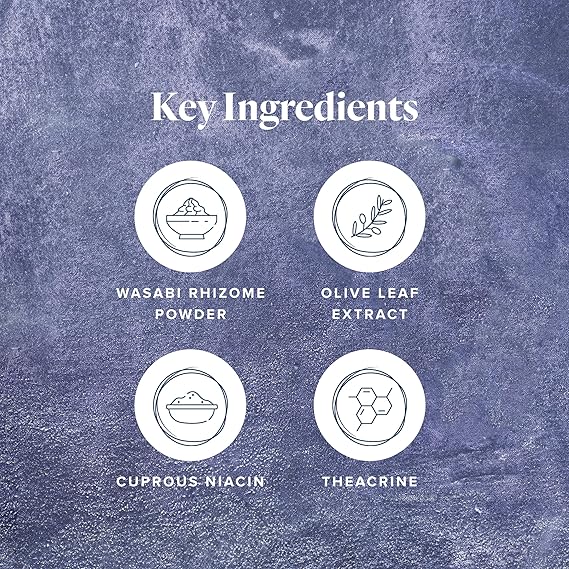 List of key ingredients with icons and text on a textured blue background