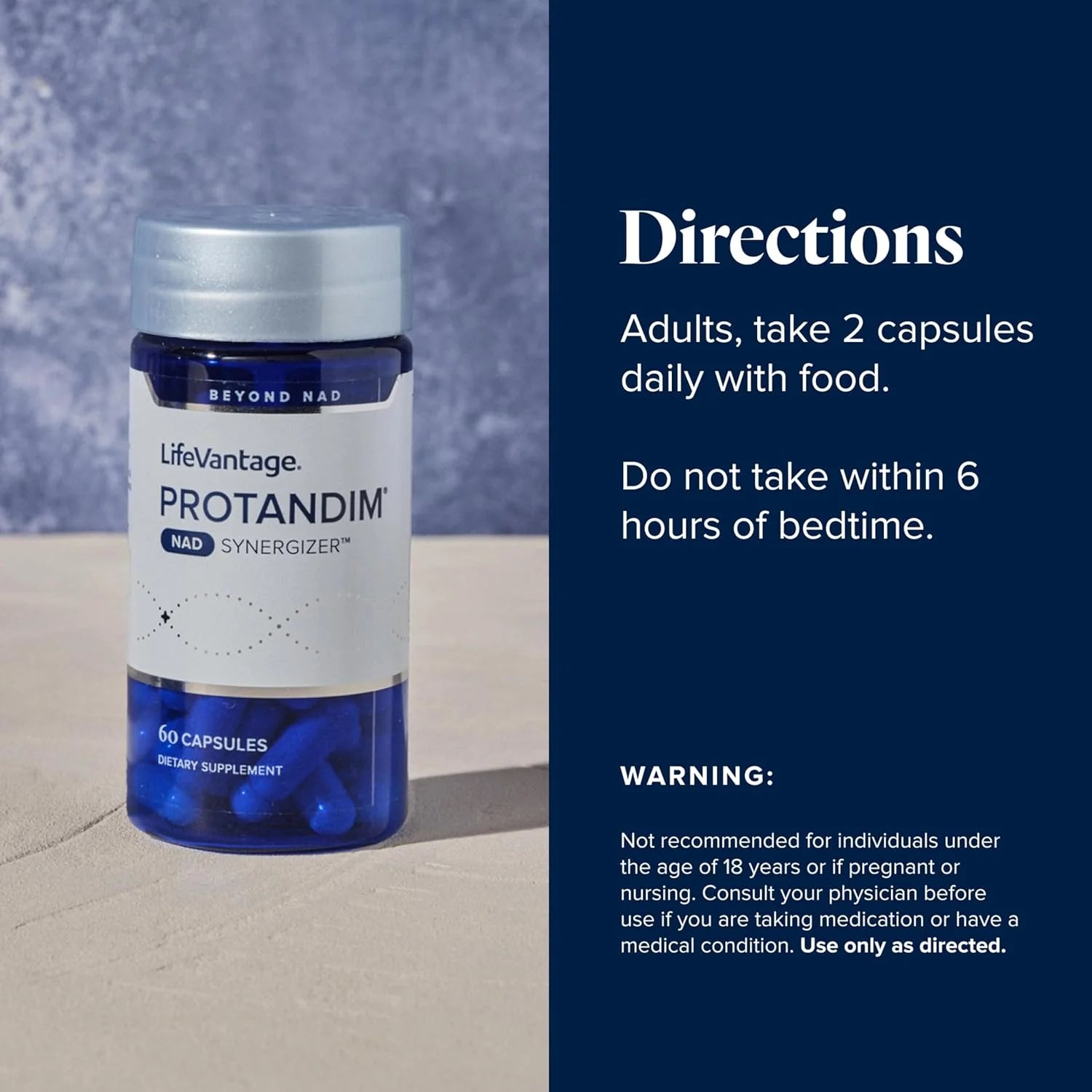 LifeVantage Protandim supplement bottle with usage instructions on a blue background