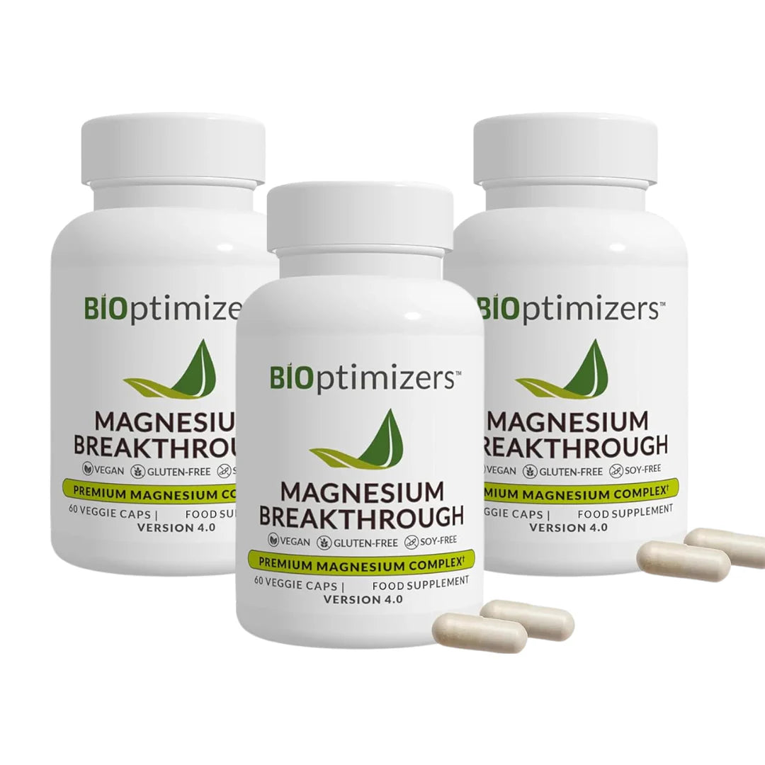 Three bottles of BioOptimizers Magnesium Breakthrough on a white background