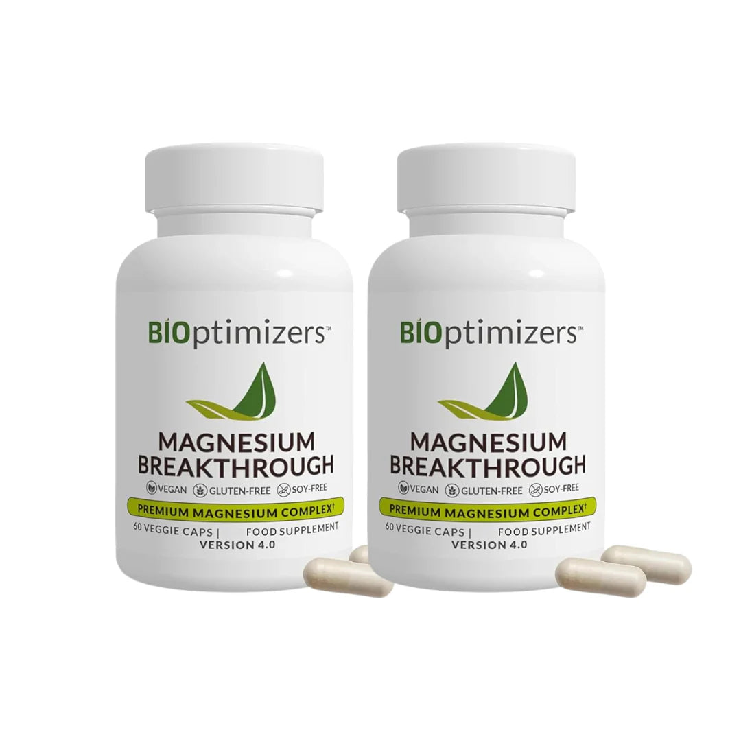 Two bottles of BioOptimizers Magnesium Breakthrough on a white background