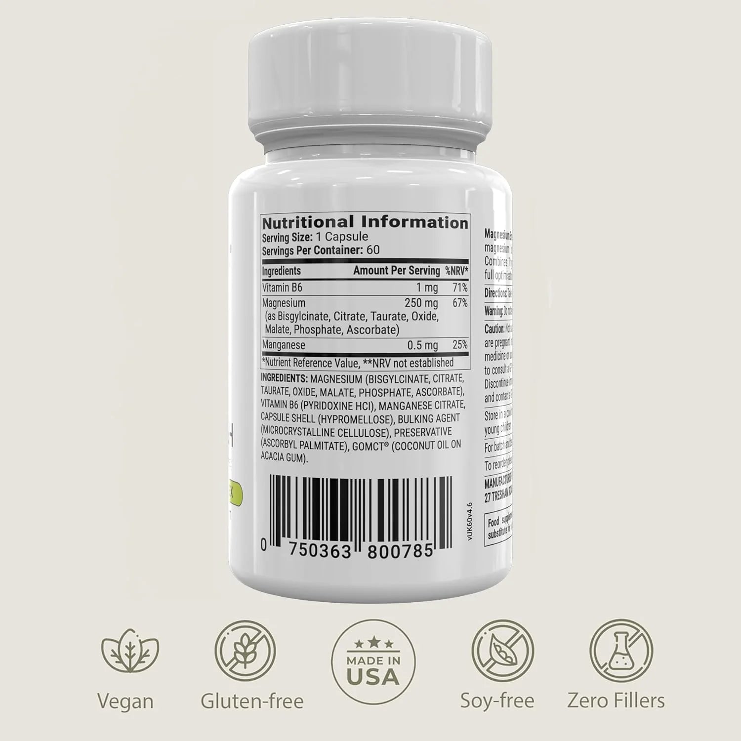 Nutritional information label on a supplement bottle with icons at the bottom.