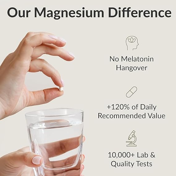 Hand holding a glass of water with text about magnesium supplement benefits on a light background