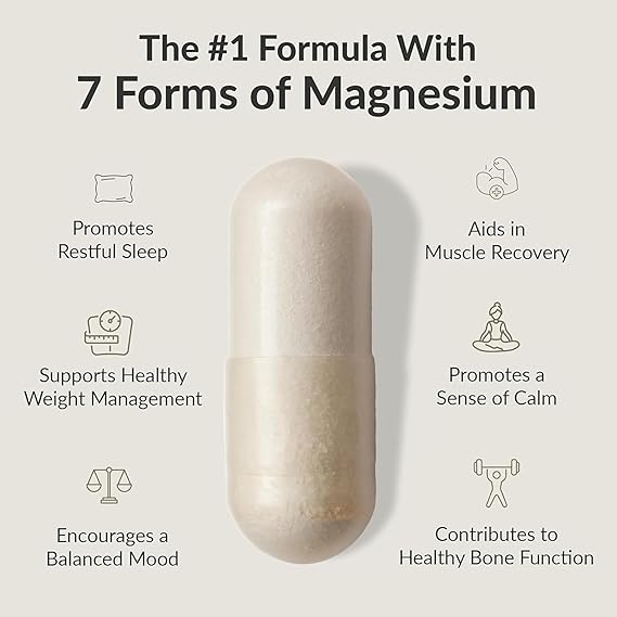 Beige supplement capsule with text about magnesium forms and benefits on a light gray background