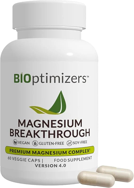 Bottle of Bioptimizers Magnesium Breakthrough supplement with capsules on a white background