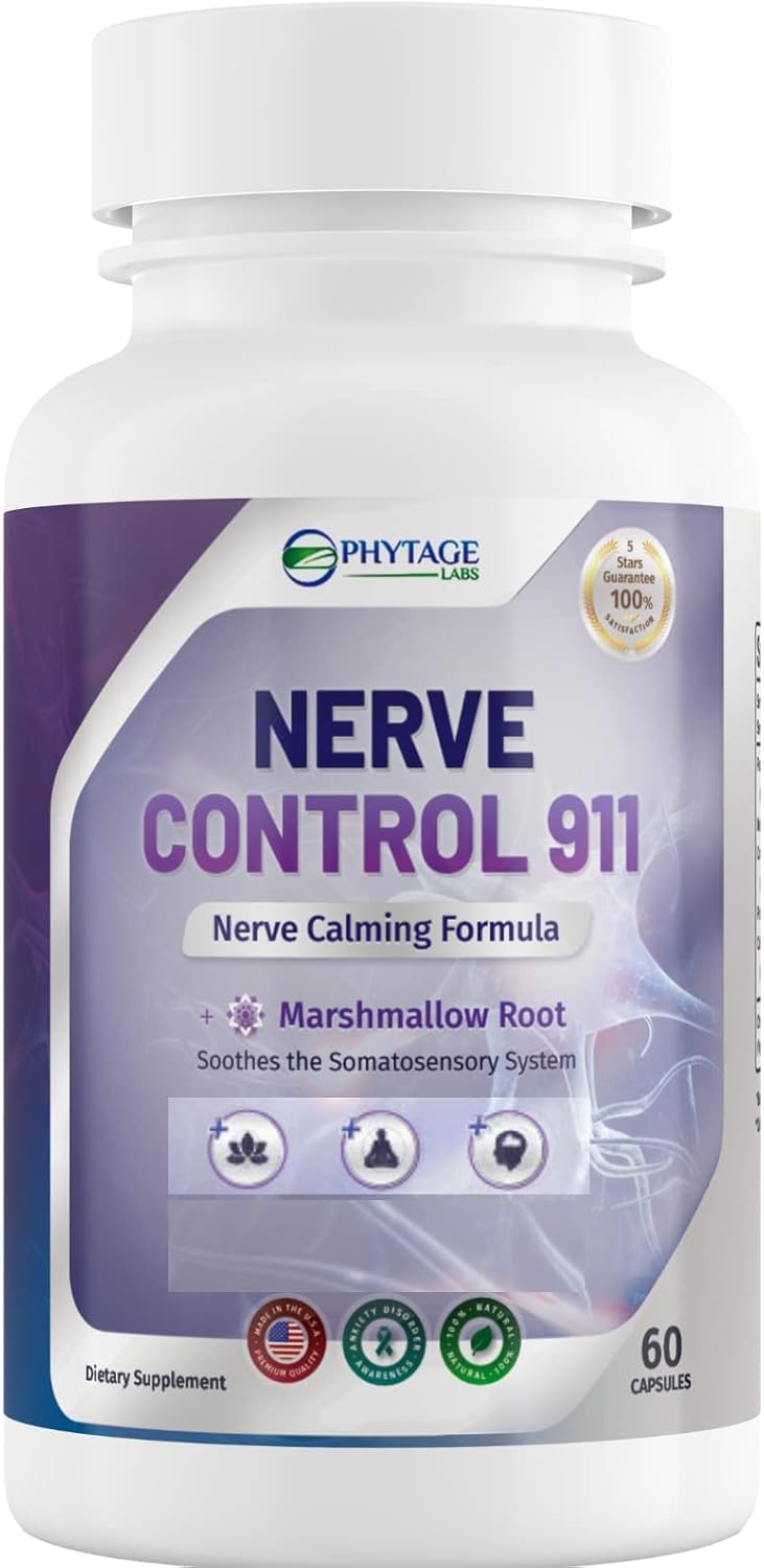 Supplement bottle labeled 'Nerve Control 911' with Phytage Labs branding on a white background.