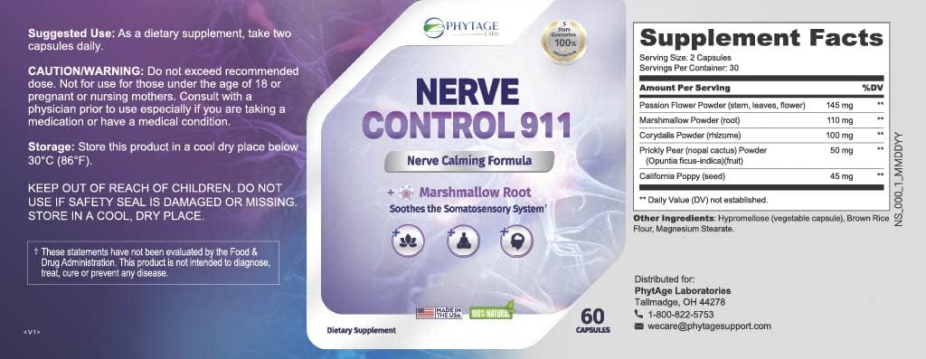Supplement label for Nerve Control 911 with supplement facts and usage instructions.