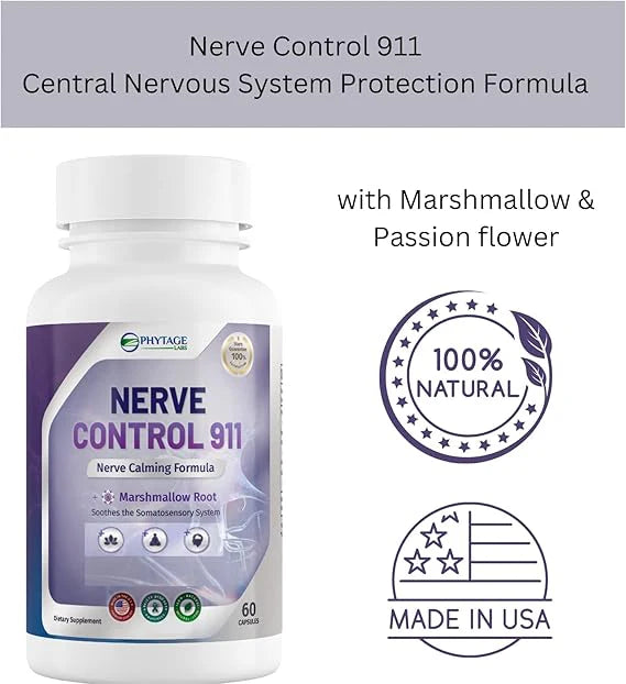 Bottle of Nerve Control 911 supplement with branding and product details on a white background