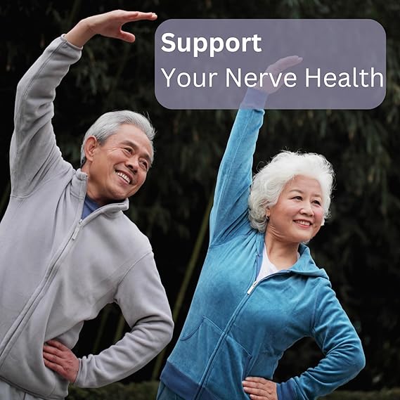 Two elderly individuals exercising outdoors with text 'Support Your Nerve Health' above them.