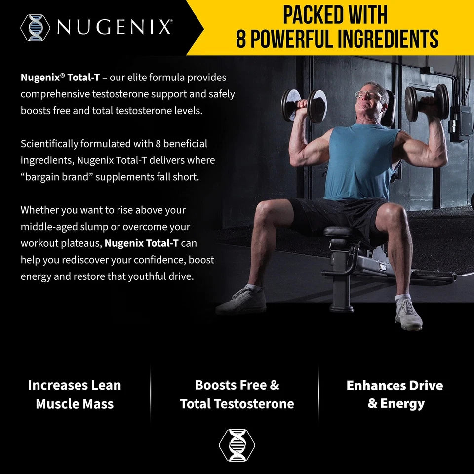 Advertisement for Nugenix Total-T supplement with a man lifting weights in a gym setting.