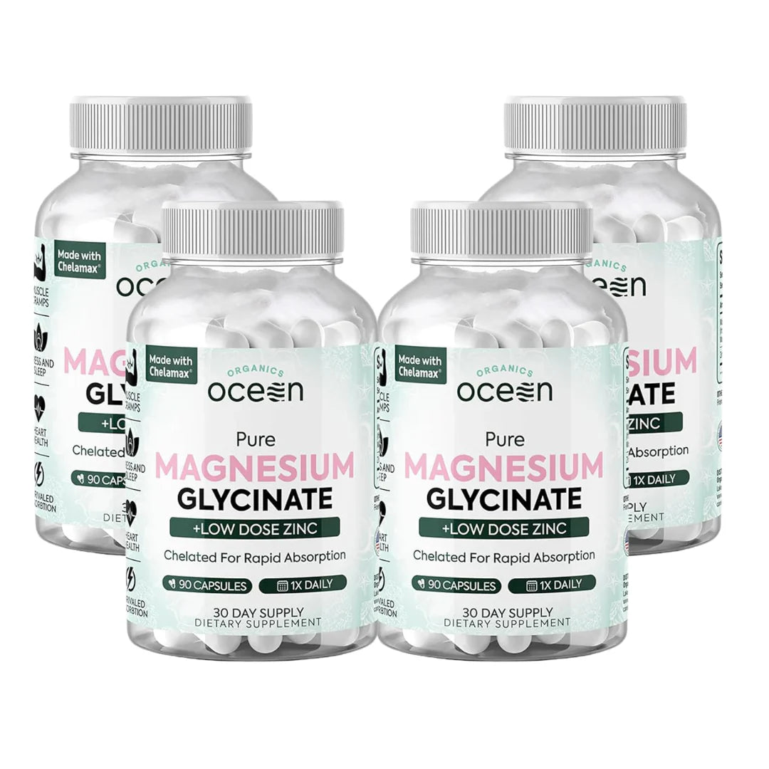 Four bottles of Ocean Organic Pure Magnesium Glycinate with Low Dose Zinc on a white background