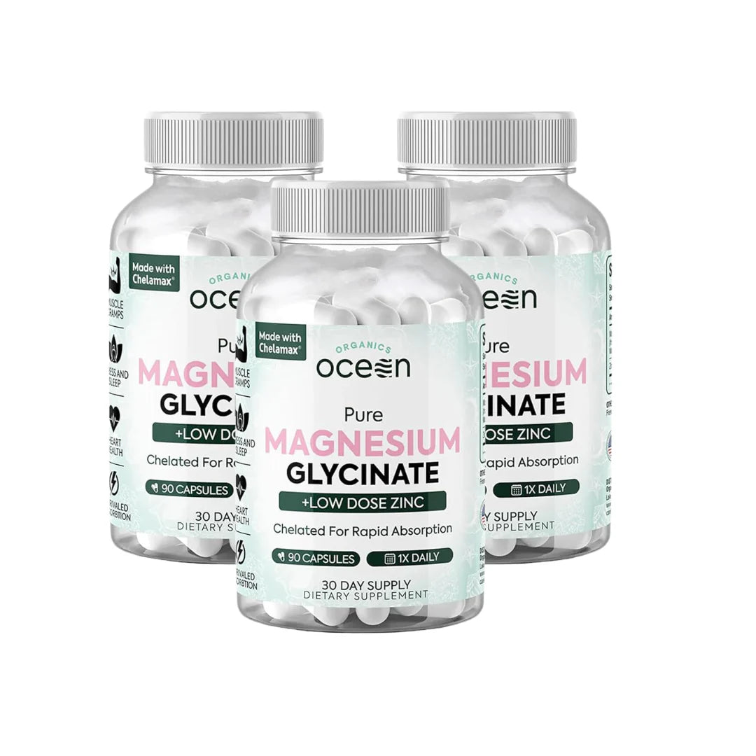 Three bottles of Ocean Organic Pure Magnesium Glycinate on a white background