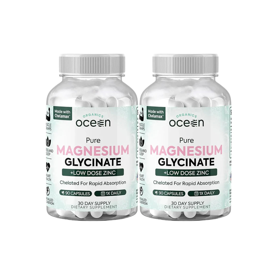 Two bottles of Ocean Organic Pure Magnesium Glycinate with Low Dose Zinc on a white background