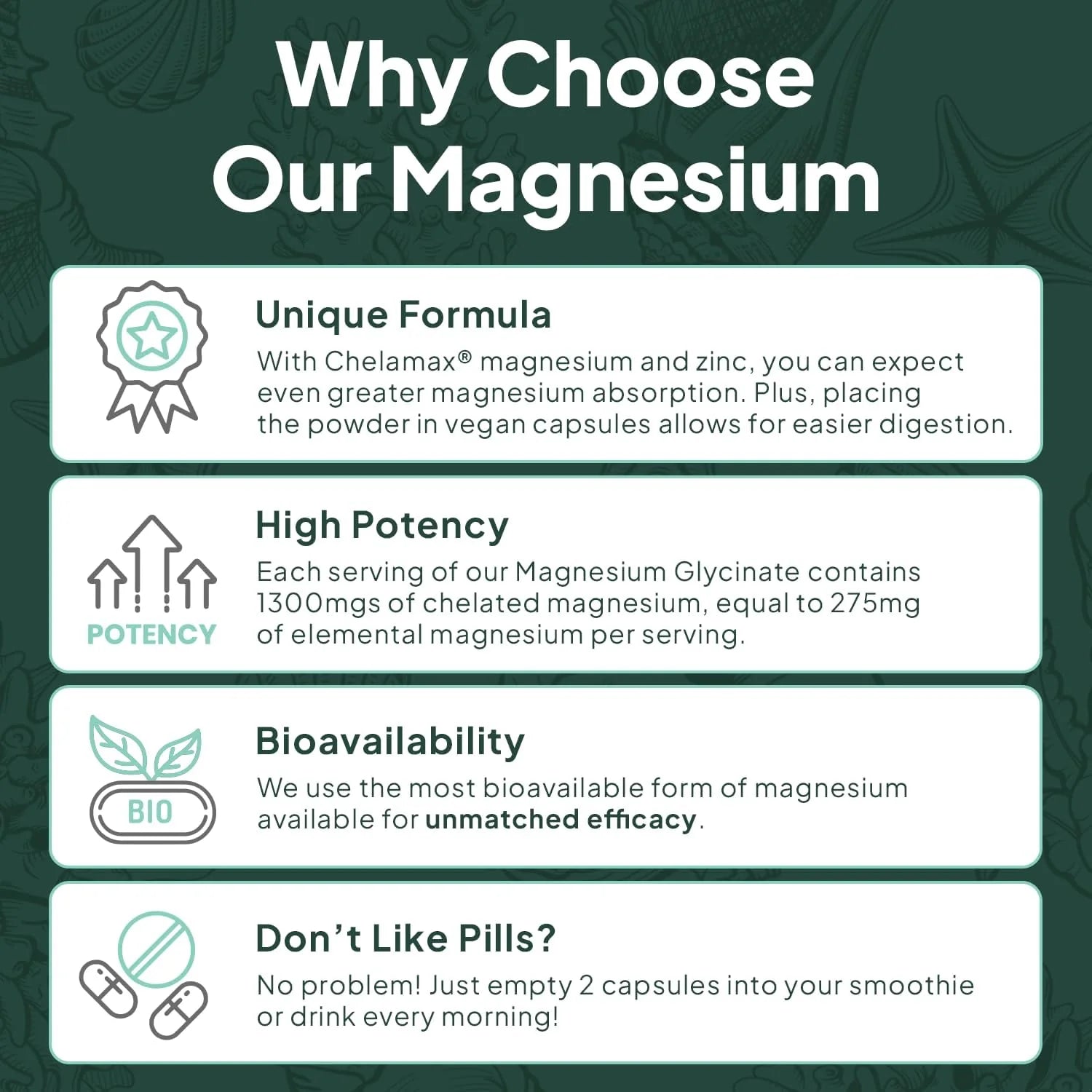 Promotional graphic for magnesium supplement with text on benefits and usage.