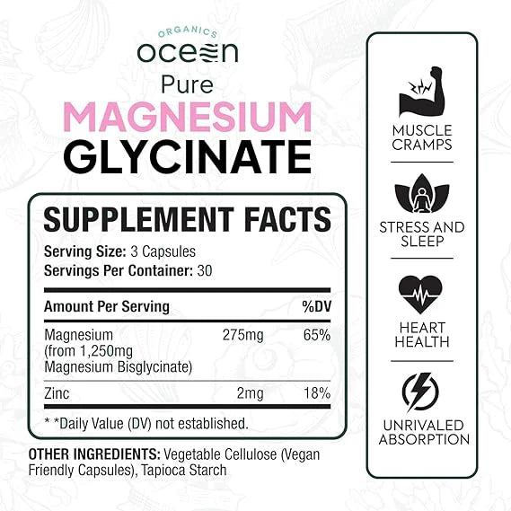 Supplement label for Ocean Organics Pure Magnesium Glycinate on a white background