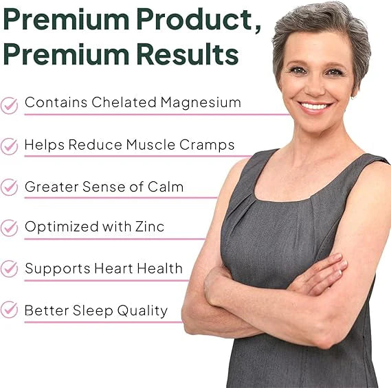Woman with crossed arms on a white background with text about product benefits.