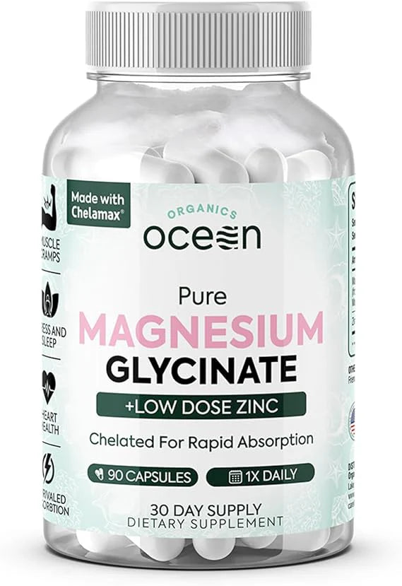 Supplement bottle labeled 'Pure Magnesium Glycinate + Low Dose Zinc' by Ocean Organics on a white background.