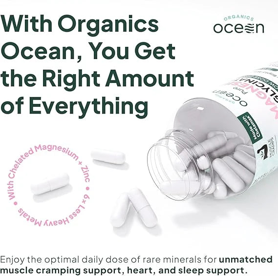 Advertisement for Organics Ocean with a jar of supplements and text about mineral support.