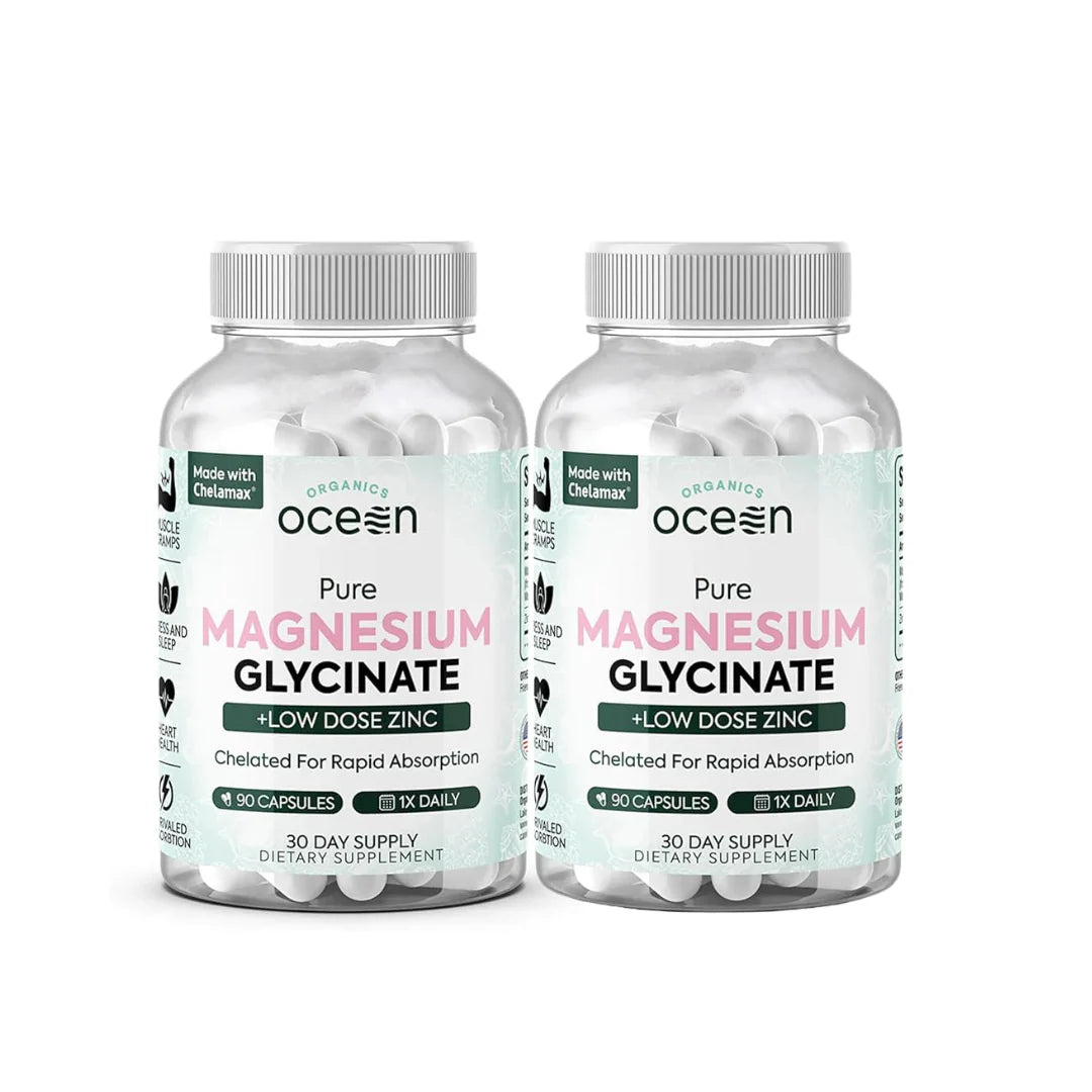 Two bottles of Oceen Pure Magnesium Glycinate with Low Dose Zinc on a white background