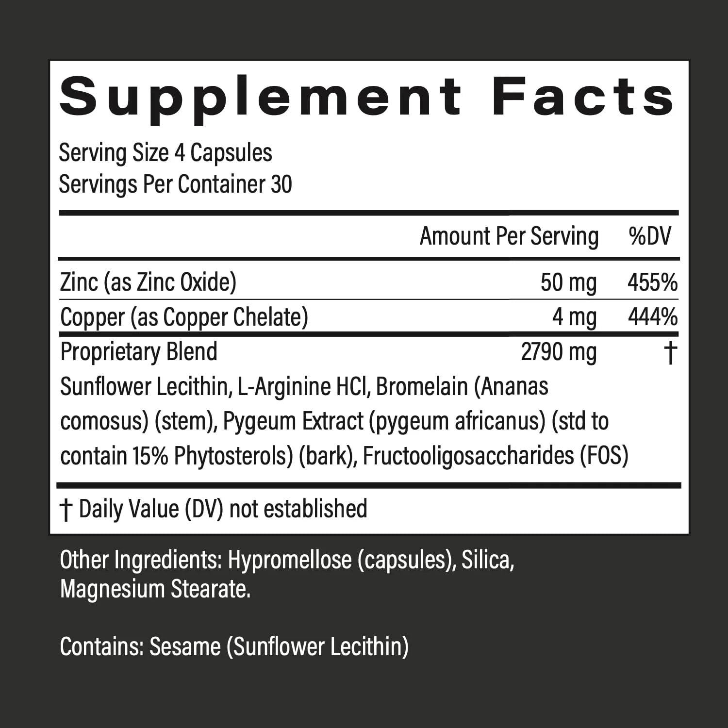 Supplement facts label with detailed nutritional information on a black background