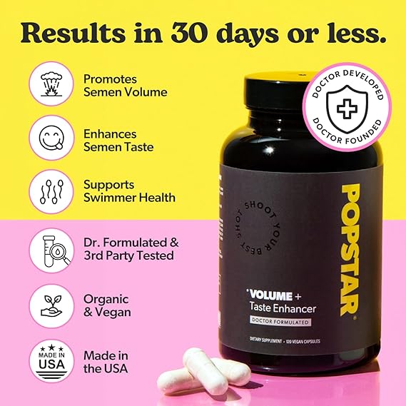 Black supplement bottle labeled 'Popstar' with white capsules on a yellow and pink background, featuring text about product benefits.