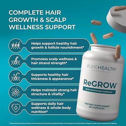 PUREHEALTH RESEARCH ReGrow – Hair Growth Vitamins for Scalp Health & Thickness Support (60 Capsules) - Ephyra