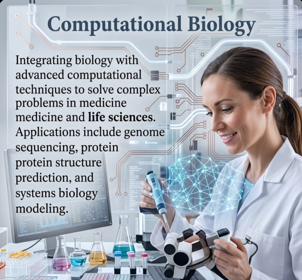 Scientist working with computational tools and text about Computational Biology