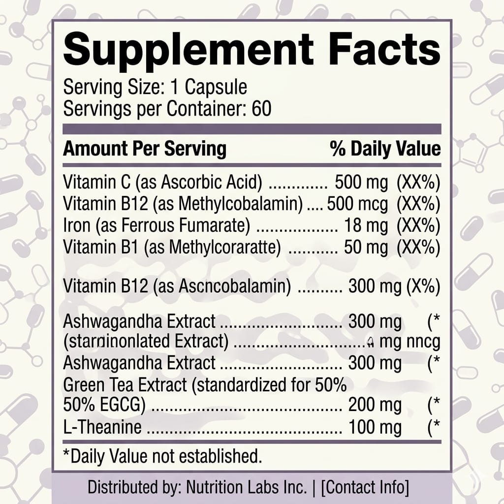 Supplement facts label with detailed nutritional information on a white background.