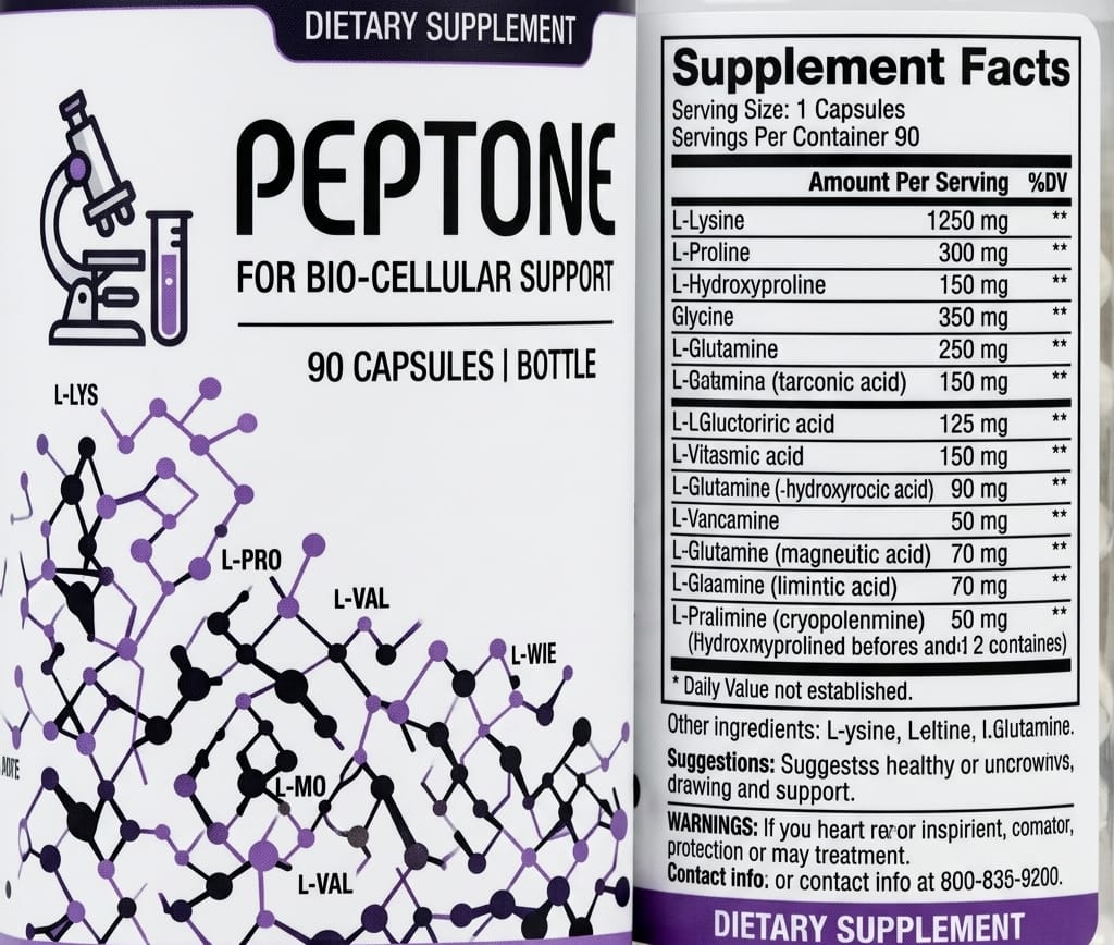 Dietary supplement label for Peptone with supplement facts and molecular structure illustration.