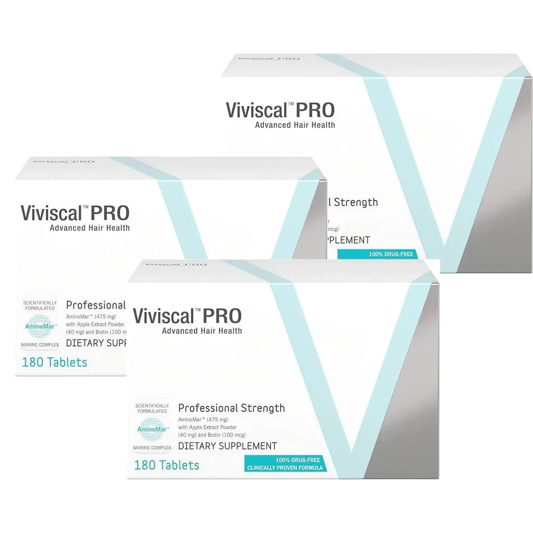 Three boxes of Viviscal Pro Advanced Hair Health supplement on a white background