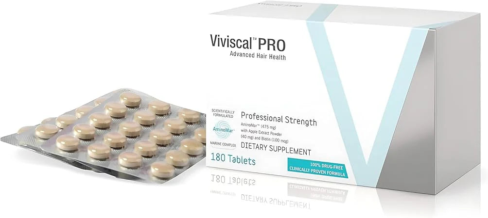 Viviscal Pro dietary supplement packaging with tablets on a white background