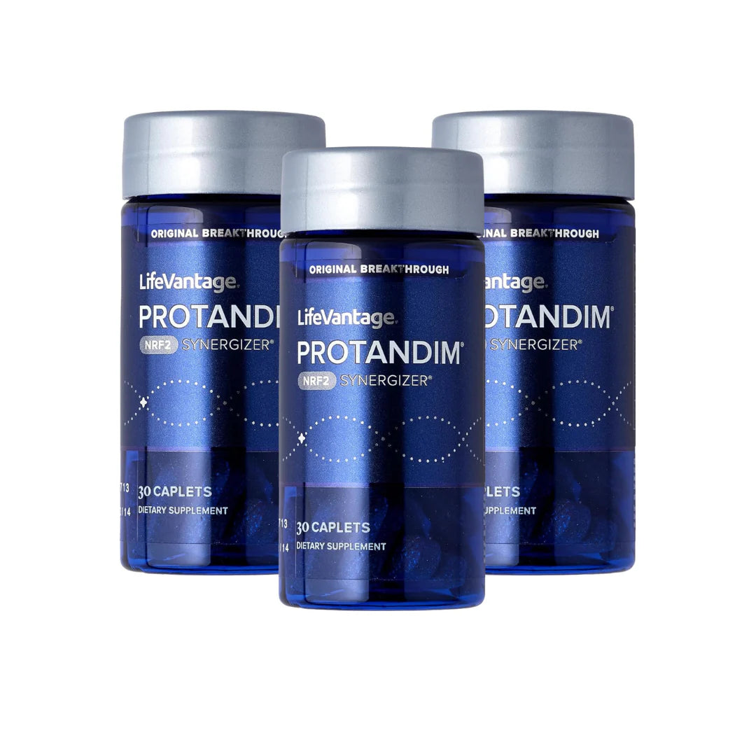 Three bottles of LifeVantage Protandim on a white background