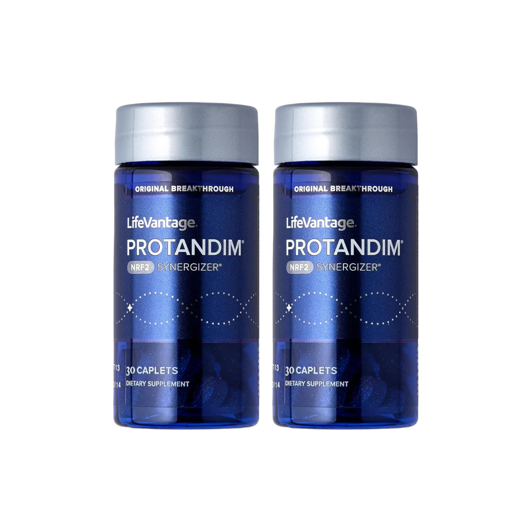 Two blue supplement bottles labeled 'LifeVantage Protandim' on a white background