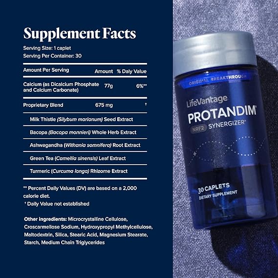 LifeVantage Protandim supplement bottle with supplement facts on a blue background