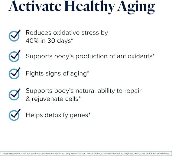 List of benefits of 'Activate Healthy Aging' product on a white background