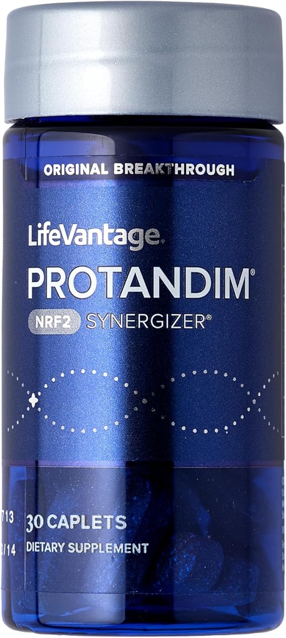 Blue supplement bottle labeled 'Protandim' by LifeVantage on a white background