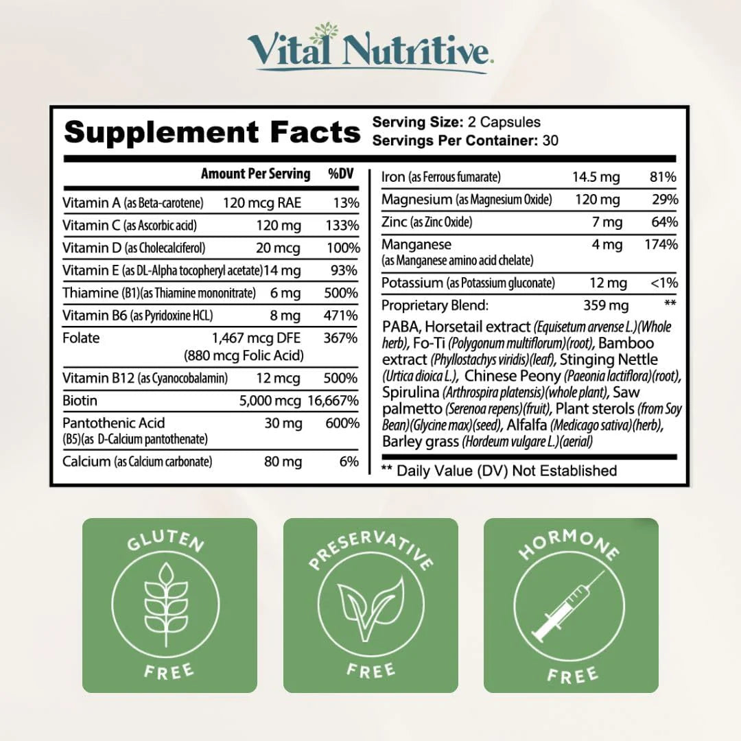 Vital Nutritive supplement facts label with various nutrients listed and green icons indicating gluten, preservative, and hormone-free status.