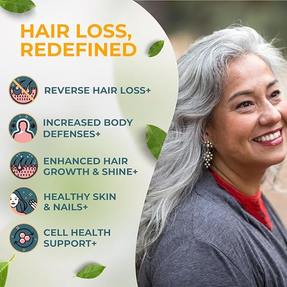 Woman with gray hair on a background with text about hair loss solutions and benefits.