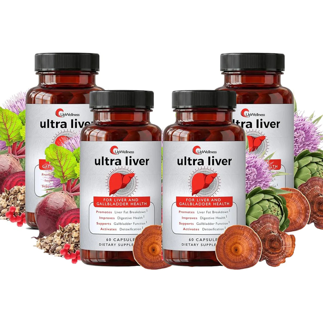 Four bottles of ultra liver supplement with a white background and health-related elements.