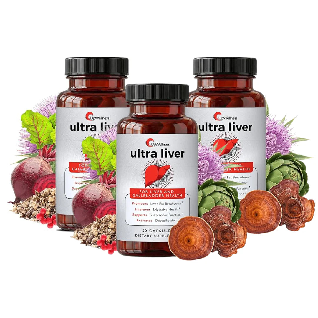 Three bottles of ultra liver supplement with liver-healthy ingredients on a white background
