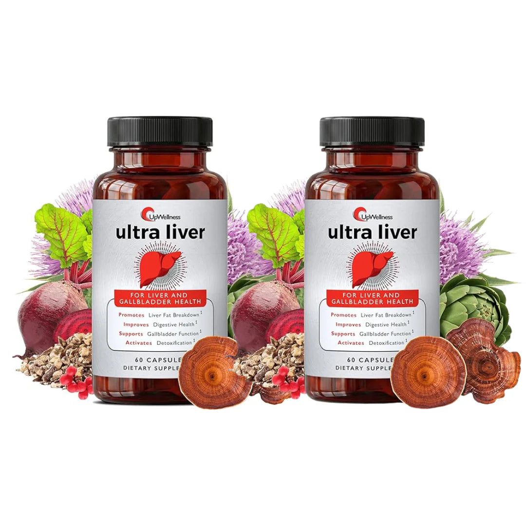 Two bottles of ultra liver supplement with beetroot, garlic, and other herbs on a white background