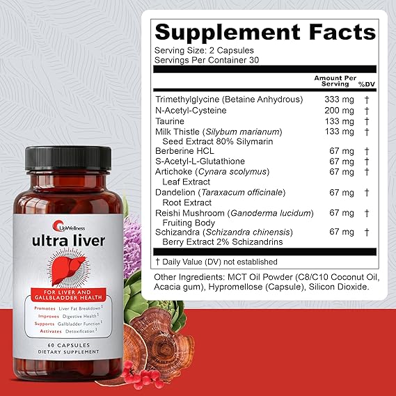 Supplement bottle labeled 'ultra liver' with its supplement facts label on a gray and red background.