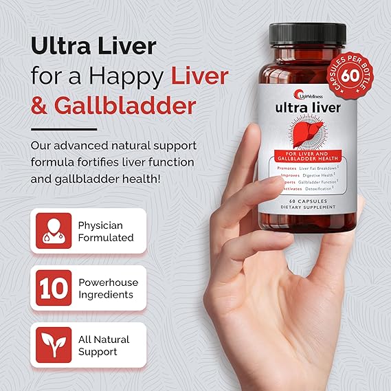 Supplement bottle labeled 'Ultra Liver' held by a hand with promotional text on a light gray background
